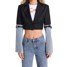 woman denim jacket black designer jacket women Cowboy Denim Patchwork Jacket Wide-waisted Regular Career Related Functions S XL business casual clothes for women