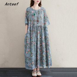 Party Dresses Short Sleeve Oversized Cotton Vintage Floral For Women Casual Loose Long Woman Summer Dress Elegant Clothes 2024