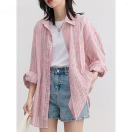 Women's Blouses CHIC VEN Women Shirt Thin Loose Striped Pink Linen Long Sleeve Female Top Sunscreen Coat Ladies Clothing Summer