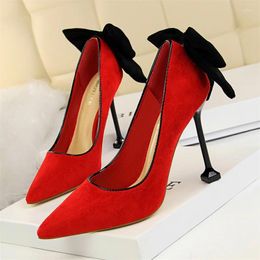 Dress Shoes Fashion Elegant Women Shallow Mouth Thin High Heels Pumps Sweet Cute Wedding Pointed Toe Back Bow Prom Suede Single