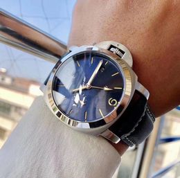 2020 Luxury Automatic Movement 44MM Watch Men Blue Dial Glass Back Leather Band Montre Homme1112953