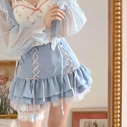 Skirts Women Sweet JK Lace-Up Bandage High Waist Button Tiered Ruffle A-Line Mini Skirt