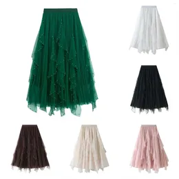 Skirts Women's Fashion Casual Heavy Industry Rivet Mesh Tulle Skirt High Waist Large Swing Irregular Ruffled Brim Layering A Line