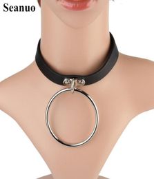 Seanuo Sexy SM Leather Alloy circle pendant Collar Necklace for men women Fashion torques Neckcloth punk choker necklace jewelry4265658