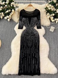 Casual Dresses Diamonds Elegant Sexy Bodycon Dress Club Mesh Sheer Elastic Slim Fit Sequined One Piece Evening Prom Party Clothing