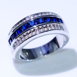 Choucong New Arrival Hot Sale Fashion Jewelry 10KT White Gold Fill Princess Cut Blue Sapphire CZ Diamond Men Wedding Band Ring For Love 3456