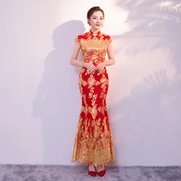 Ethnic Clothing Bride Chinese Dress Slim-Fit Red Wedding Toast Women Golden Sequined Fishtail Modified Long Type Cheongsam