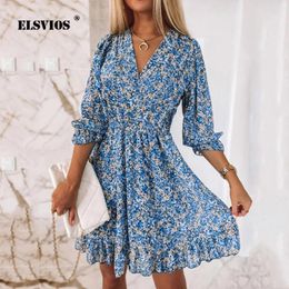 Casual Dresses Summer Bohemian Floral Print Dress V-neck Three-quarter Sleeves Ruffled Irregular Skirt Ladies Fashion Puff Sleeve Party