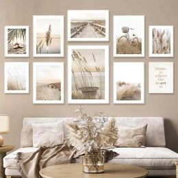 ers Boho Beige Nature Reed Grass Lake Bike Beach Nordic Canvas Painting Wall Art Posters And Prints Pictures For Living Room Decor J240505