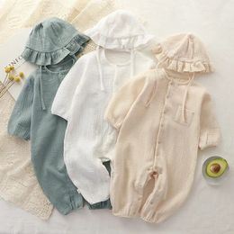 Muslin Baby Jumpsuit Hat Long Sleeve Cotton Toddler Romper for Boys Girls Solid Colour Spring Autumn Baby Clothes born Onesie 240423