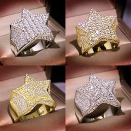 Mens Gold Ring Stones Iced Out Five-pointed Star Fashion Hip Hop Silver Rings Jewelry 2491