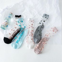Women Socks Summer Ultra-thin Transparent Flower Crystal Silk Fashion Woman Harajuku Vintage Lace Ruffle Sock For 2024