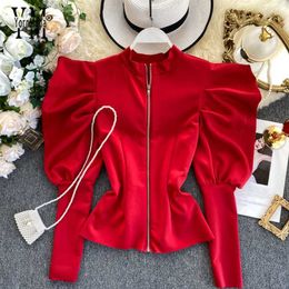 YornMona Good Quality Zipper Design Puff Sleeve Blouse Shirt Gothic Ins Fashion Spring Autumn Red Women Tops Ladies Top Blusas 203F
