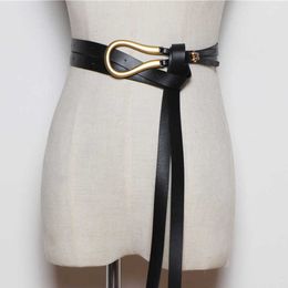 FASHION light gold weight alloy buckle knotted belt solid long waistbands women knot belts soft PU leather body belt coat 210630 227V