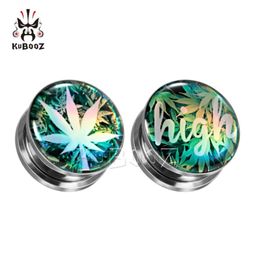 KUBOOZ Stainless Steel Green Leaves HIGH Ear Plugs Tunnels Piercing Body Jewelry Earring Gauges Stretchers Expanders Whole 6mm9948288