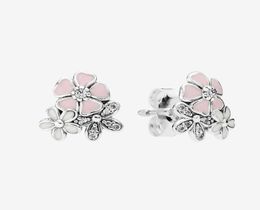 Pink flowers Stud Earrings Beautiful Women Girls Gift Jewelry with Original box for 925 Sterling Silver CZ diamond Earring set2304010