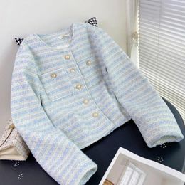 Women's Jackets Graceful Blue Tweed Striped French Niche Loose Coat Ropa Mujer Temperament Tunic Retro And Fashionable Style