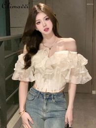 Women's Blouses Summer 2024 French Style Fishbone Ruffled Temperament Sexy Crop Top Women Sweet Casual Slim Fit Sleeveless Off-Shoulder