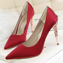 Dress Shoes Brand Design Women Wedding Bridal 10cm High Heels Gold Silver Silk Pumps Lady Luxury Scarpin Catwalk Metal Sculpture