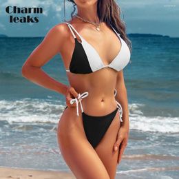 Women's Swimwear Anfilia Bikini Swimsuit Triangle String Colour Block Sexy V Neck Two Piece Bathing Suits