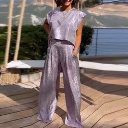Women's Two Piece Pants Summer Pullover Long Glossy Outfits Fashion Casual Solid Colour High Street Suit Elegant Short Sleeve Commute Loose