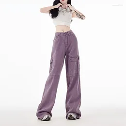 Women's Jeans Pure Cotton Retro Purple Tooling Denim Women's 2024 Chic Summer Korean Style Loose Ins Sports Wide Leg Pants Ladies