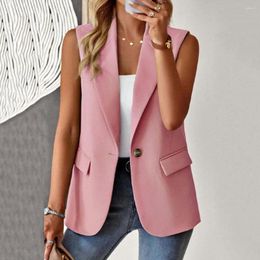 Women's Suits V-neck Waistcoat Elegant Sleeveless With Lapel Collar Flap Pockets Solid Color Single Button Vest For Spring