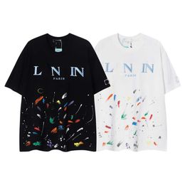 Designer Luxury Lanvins Classic Trend Hand-painted graffiti inkjet embroidery wide comfortable loose round neck short sleeve matching couple T-shirt fashion