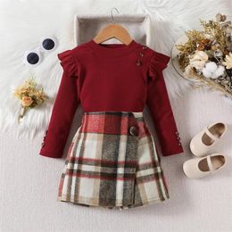 Clothing Sets 1-6years Girls Spring Autumn 2 Piece Clothes Set Long Sleeve Ruffle Ribbed Tops Button Plaid Skirt For Outfits