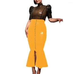 Skirts High Street Midi Hobble For Women Shiny PVC Leather Ruffles Single-breasted Long Ladies Stretchy Waist