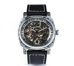 Whole KUERSR Mens Watches retro engraving Wristwatches Automatic skeleton mechanical black leather strap waterproof ansehen6204709