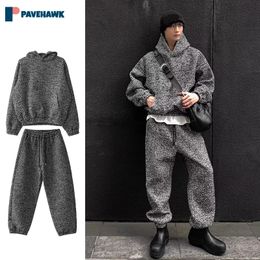 Mens Korea Harajuku Set High Street Xiaoxiangfeng Hooded Sweatshirtbaggy Straight Pants Male Retro Sets Spring Fashion Suit 240426