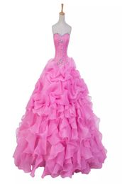 2018 New Pink Stock Quinceanera Dresses Plus Size Sweetheart Crystals Ruffles Organza Sweet 16 Party Evening Ball Gown Prom Dress 1119860