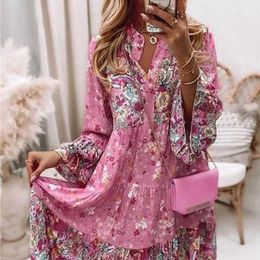 Basic Casual Dresses Summer Dress Bohemian Print Patchwork Flare Slve Pleated V-Neck Skirt Layered Mini Dress T240505