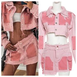 Denim Jacket 2 Piece Skirt Sets Winter Outfit Y2K Streetwear Mini Denim Jean Cargo Pocket Dress Sexy Blouse Shirt Two Piece Set 240426