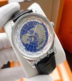New Geophysic Universal Time Automatic Q8108420 8108420 Blue Map Dial Mens Watch Steel Case Black Leather Strap Sport Watches Hell3177538