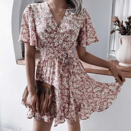 Basic Casual Dresses XL Floral Dress for Women 2024 Summer Oversize Casual Slim Short Slve Loose Skirt Female Korean Holiday High Waist Sexy Dresse T240505