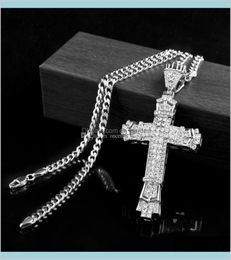 Retro Silver Charm Full Ice Out Cz Simulated Diamonds Catholic Crucifix Necklace With Long Cuban Chain 4Ljdh Necklaces Xjl3J9800761
