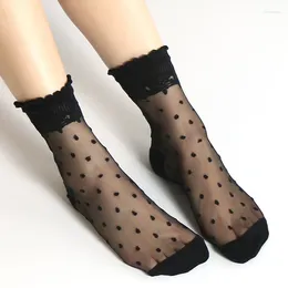 Women Socks DONG AI Invisible Summer Lace Crystal Silk Polka Dot Ankle Glass Black White Transparent Sock For Ladies