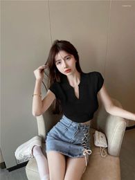 Women's Polos Polo Neck Shirt For Women Sexy Plain Slim Woman T Black Coquette Clothes Crop Top Clothing Trend 2024 Youth Tops