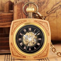 Pocket Watches Antique Wooden Watch Bamboo Skeleton Auto Mechanical Men Women Clock Pendant Chain Collectable Reloj