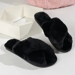 Slippers 2024 Winter Women Home Indoor Casual Comfortable For Female Fluffy Shoes Cross Design Soft Warm Plush LadiesSlippers