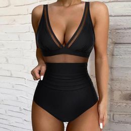 Women's Swimwear Solid One-piece Swimsuit Women Deep V-neck Removable Bra Plain Monokinis 2024 Summer Beach Female