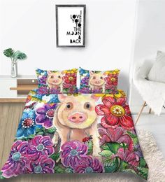 Pig Bedding Set Twin Size Cute Sweet Colourful Flowers Duvet Cover For Kids King Queen Single Double Twin Full Bed Cover with Pillo1305327