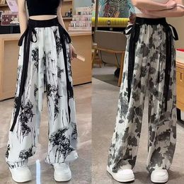 Women's Pants Chinese Style Ink Wash Ice Silk Wide Leg For Summer Girls Thin Casual Strap Draping Straight Mop