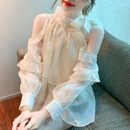 Women's Blouses 2024 Spring Summer Long Sleeve Women Blouse Korean Fashion Satin Chiffon Shirt Sexy Off Shoulder Loose Bowknot Ruffles Tops