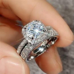 New Classic Couple Wedding Ring Set for Women Shining Diamond Round CZ Zirconia Luxury Ring Engagement Promise Rings Couple Jewelry