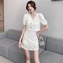 Summer High Quality French Small Fragrance Lace Two Piece Set Women Outfits Vintage Cardigan TopMini Skirt 2 Suits Ladies 240425