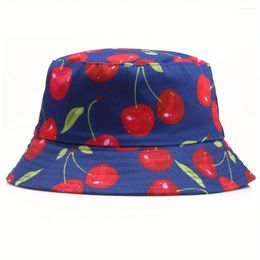 Berets Bob Cherry Print Fisherman Hats Panama Foldable Breathable Sun Protection Bucket Cap For Men Women Summer Sport Hiking Beach Hat