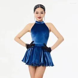 Stage Wear Blue Velvet Latin Dancing Top Short Skirt Sexy Chacha Dance Costume Women Performance Clothes 9300